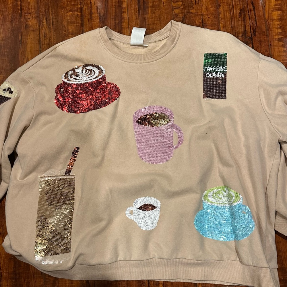 QUEEN OF SPARKLES Coffee Themed Sweatshirt - Tan with Multicolor Sequins